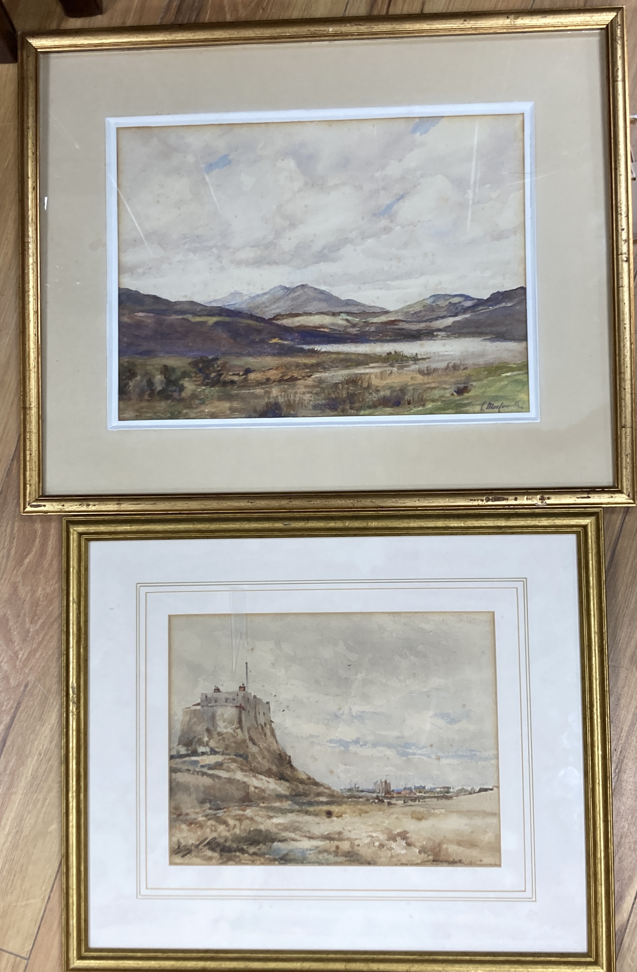 George Edward Horton (1859-1950), landscape with fortification, signed and another watercolour by Charles MacConville (exh. 1938-40), 21 x 28cm & 26 x 36cm